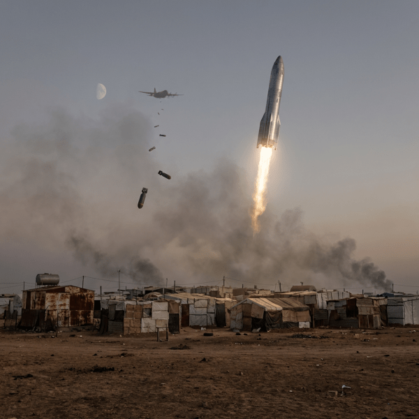 Rocket launching upward as a plane drops bombs over a makeshift desert settlement.