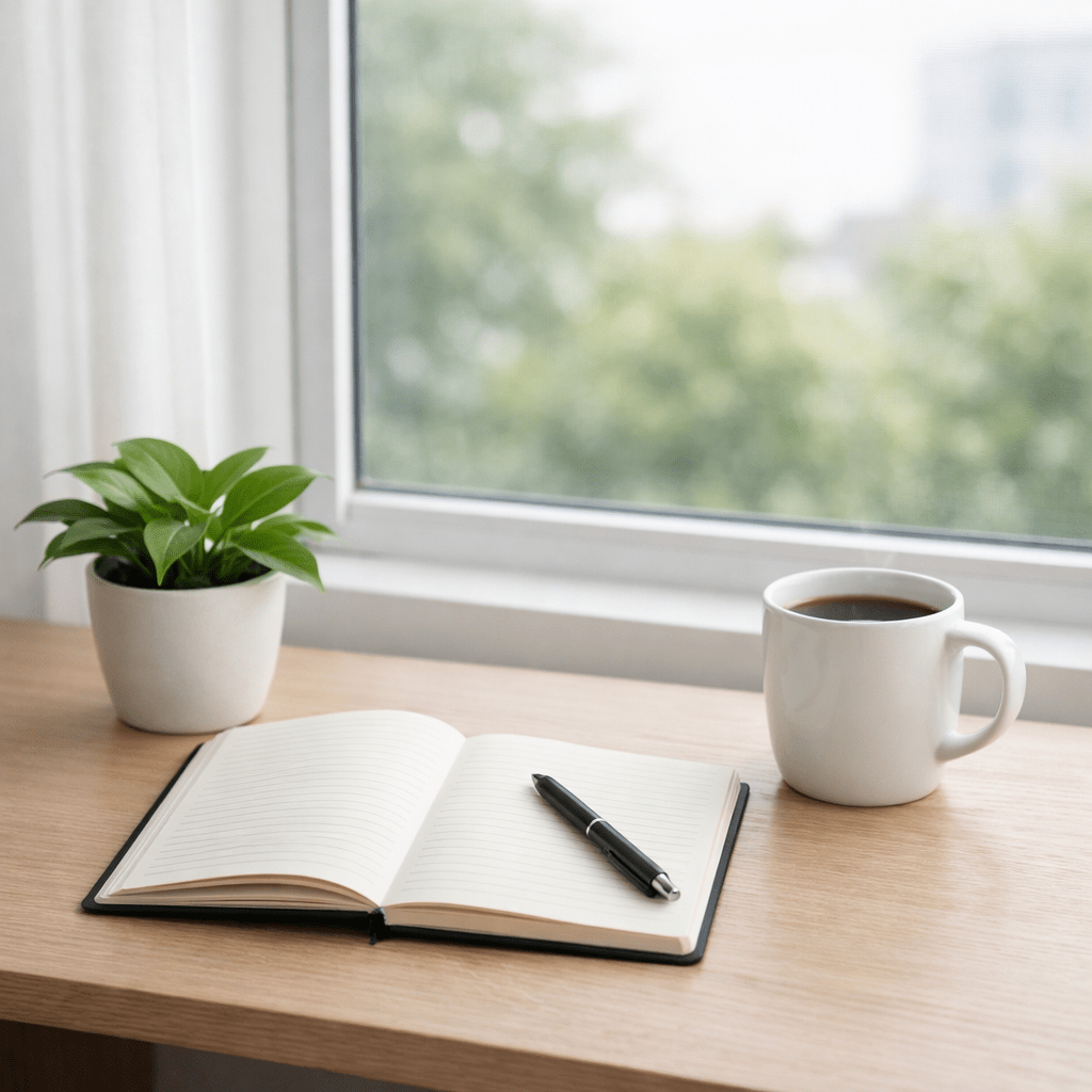 Open lined notebook with black pen on wooden desk next to white coffee mug and green potted plant
