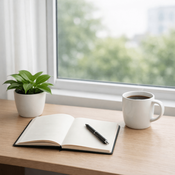 Open lined notebook with black pen on wooden desk next to white coffee mug and green potted plant