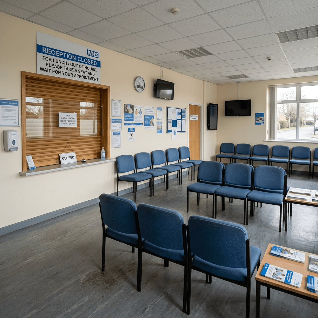 Empty NHS waiting room with blue chairs and closed reception window
