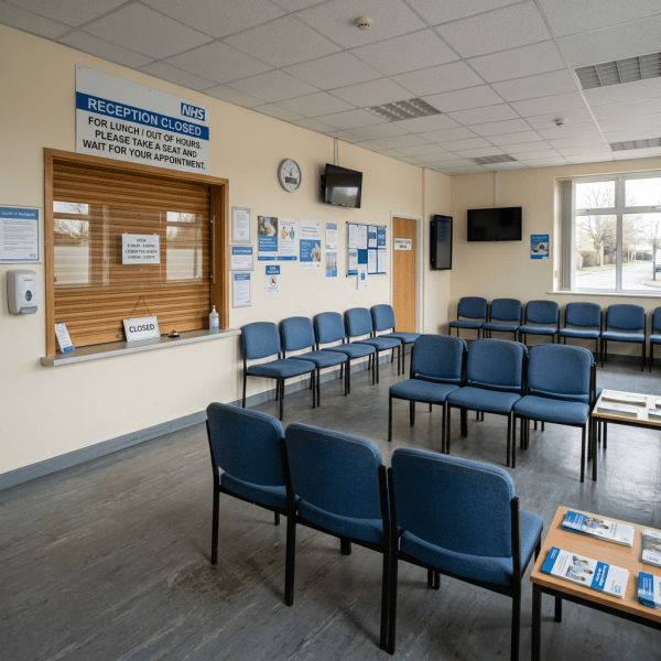 Empty NHS waiting room with blue chairs and closed reception window