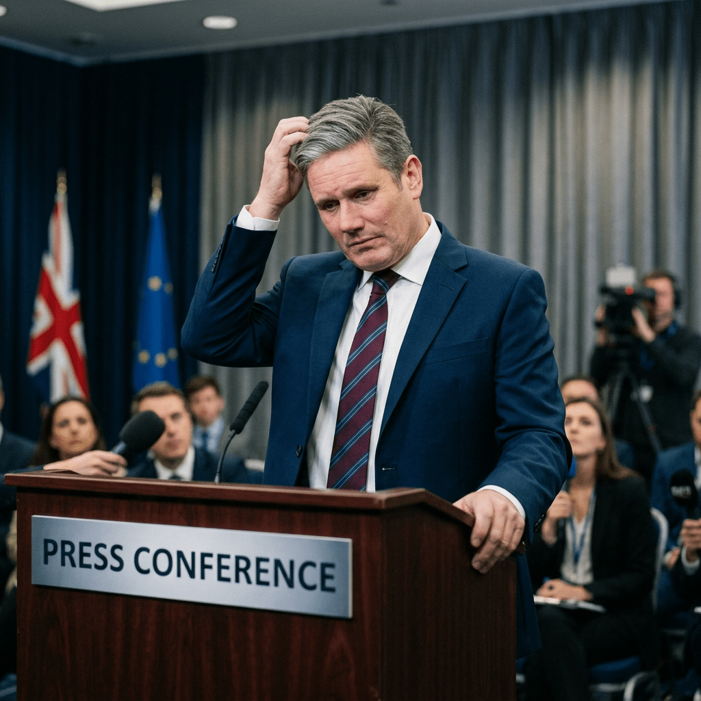 Male politician scratching head at press conference podium