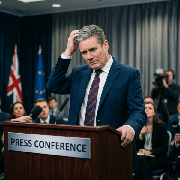 Male politician scratching head at press conference podium