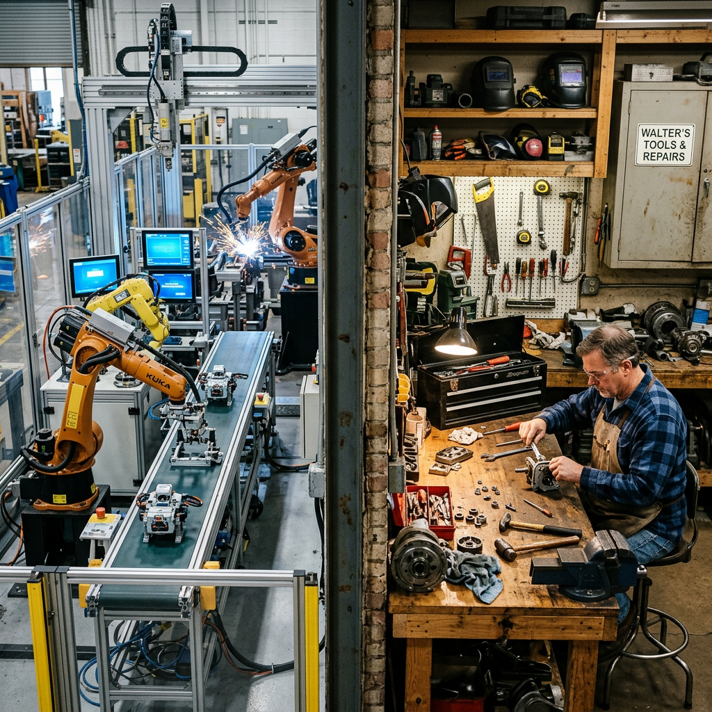 Man working on mechanical parts at workbench beside robotic arms operating on assembly line