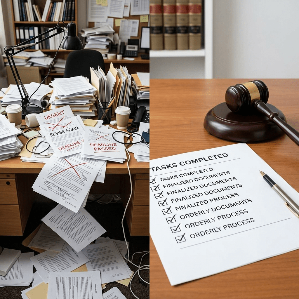 Desk cluttered with papers marked urgent and passed deadlines next to a checklist of completed legal tasks with a gavel